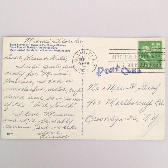 Vintage Florida Linen Postcard Mockingbird State Bird Orange Blossom Flower 1951 - Picture 2 of 2